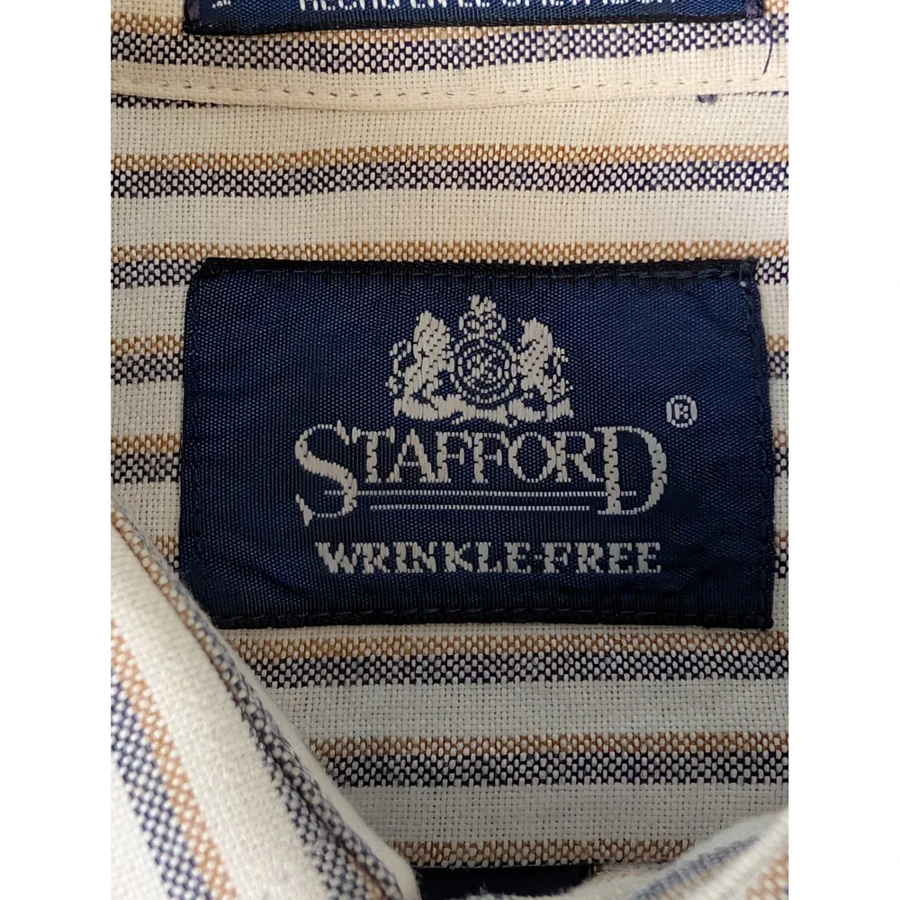 Stafford Mens 17 36/37 Striped Oxford Button Down Shirt Blue Tan Wrinkle Free